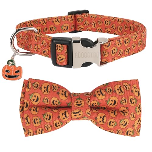 ADOGGYGO Halloween-Hundehalsband mit abnehmbarer Schleife, verstellbar, orangefarbener Kürbis, Halloween-Fliege für kleine, mittelgroße und große Hunde (Größe M) von ADOGGYGO