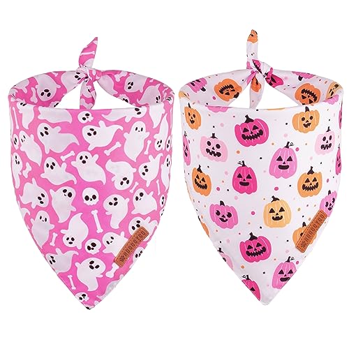ADOGGYGO Halloween Hundehalstuch, Halloween Kürbis Geist Hund Schal, Premium Durable Fabric Adjustable Fit Female Dog Halloween Bandanas for Medium Large Dogs Pets (Large, Pink) von ADOGGYGO