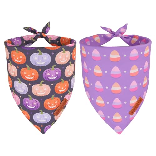 ADOGGYGO Halloween-Hundehalstücher, Dreieck, wendbar, Kürbis-Süßigkeiten-Druck, Haustier-Schal, Lätzchen, lila, Halloween-Halstücher für kleine Hunde, 2 Stück (klein) von ADOGGYGO
