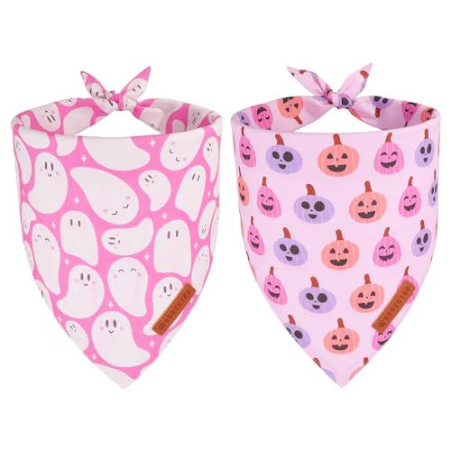 ADOGGYGO Halloween-Hundehalstücher, wendbar, Geisterkürbis-Schal, Lätzchen, verstellbare Passform, rosa Halloween-Bandana für mittelgroße und große Hunde, Mädchen, Größe L, Rosa, 2 Stück von ADOGGYGO