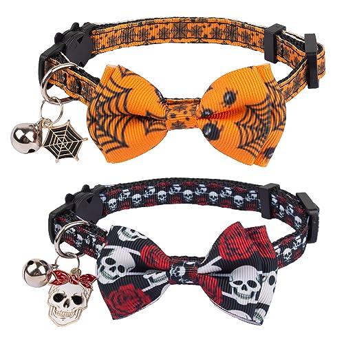 ADOGGYGO Halloween-Katzenhalsbänder mit Schleife, Glocke, Breakaway Katze Fliege Halsband Spinnennetz Schädel Muster Halloween Halsbänder für Mädchen Jungen Katzen Kätzchen (Halloween-2) von ADOGGYGO