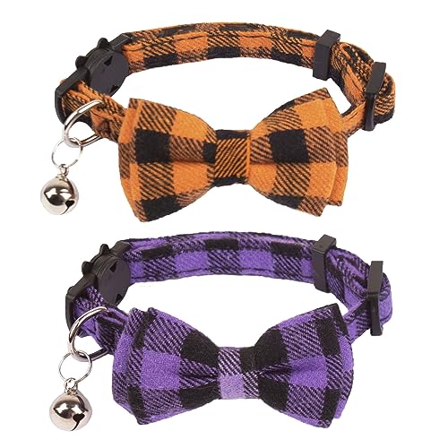 ADOGGYGO Halloween-Katzenhalsband, mit abnehmbarer Fliege, 2 Stück, orange/violett, kariert, Katzen-Halloween-Schleifenhalsband mit Glöckchen für Katzen, Kätzchen (Orange & Lila-1) von ADOGGYGO