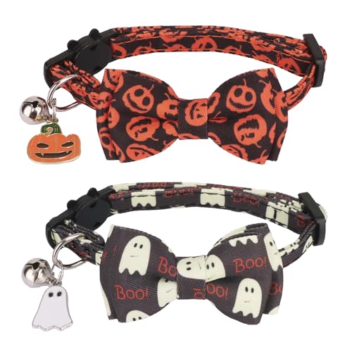 ADOGGYGO Halloween-Katzenhalsband mit Fliege und Glocke, 2 Stück, Halloween-Kätzchen-Halsband mit abnehmbarer Schleife, Kürbis-Geist, Urlaubs-Halsbänder für Katze und Kätzchen ADOGGYGO Halloween-Katzenhalsband mit Fliege und Glocke, 2 Stück, Halloween-Kätzchen-Halsband mit abnehmbarer Schleife, Kürbis-Geist, Urlaubs-Halsbänder für Katze und Kätzchen von ADOGGYGO