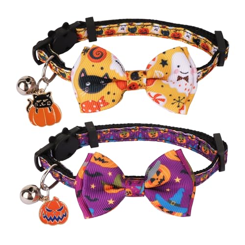 ADOGGYGO Halloween-Katzenhalsband mit Schleife, Glocke, orange-violetter Kürbis-Fliege, Breakaway-Halloween-Halsbänder für Katzen und Kätzchen ADOGGYGO Halloween-Katzenhalsband mit Schleife, Glocke, orange-violetter Kürbis-Fliege, Breakaway-Halloween-Halsbänder für Katzen und Kätzchen von ADOGGYGO