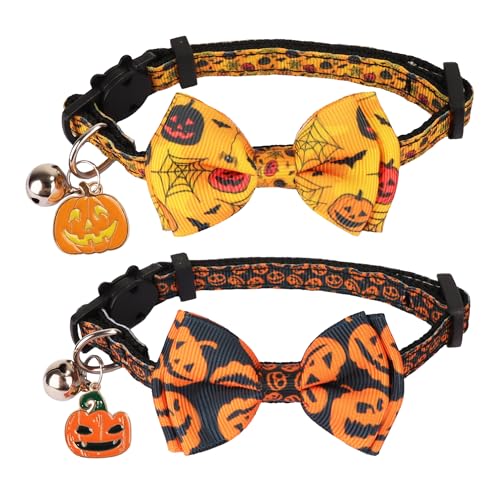 ADOGGYGO Halloween-Katzenhalsband mit Schleife, Glocke, schwarz-orange Kürbis-Fliege, Breakaway-Halloween-Halsbänder für Katzen und Kätzchen ADOGGYGO Halloween-Katzenhalsband mit Schleife, Glocke, schwarz-orange Kürbis-Fliege, Breakaway-Halloween-Halsbänder für Katzen und Kätzchen von ADOGGYGO