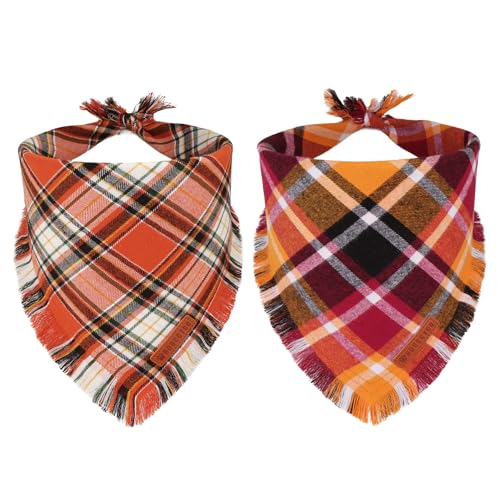 ADOGGYGO Herbst-Hundehalstuch mit Quastenrändern, stilvolles orangefarbenes Karomuster, verschiedene Größen, Thanksgiving, Halloween, Herbsthalstücher für kleine Hunde (klein) von ADOGGYGO