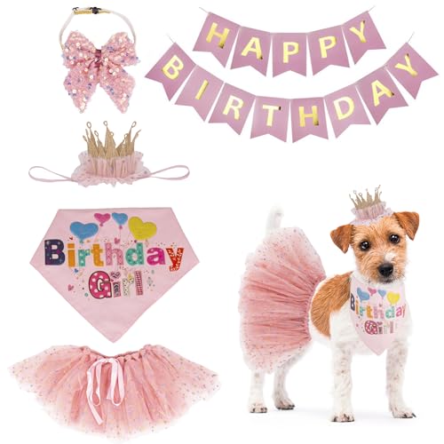 ADOGGYGO Hunde-Geburtstagshut, Bandana, Mädchen, Hundewelpe, Geburtstagsparty-Zubehör, rosa Hundetutu, Geburtstag, Hundehut, Schal, Schleife, Happy Birthday-Banner Set (Rosa-2, klein) von ADOGGYGO