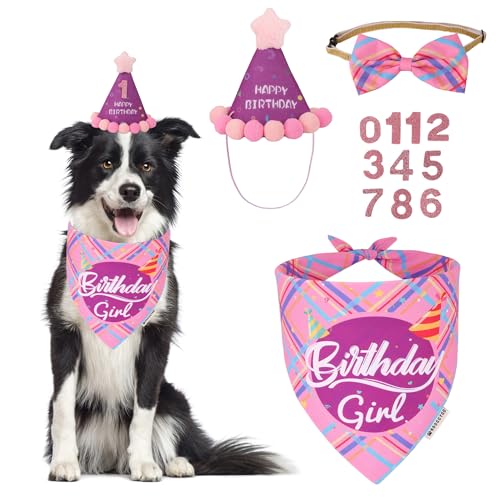 ADOGGYGO Hunde-Geburtstagsparty-Zubehör, Geburtstags-Hundehalstuch, blauer Hunde-Geburtstagshut mit Zahlen, Haustier-Geburtstags-Halstuch-Hut-Set für mittelgroße und große Hunde, Haustiere (Rosa, L) ADOGGYGO Hunde-Geburtstagsparty-Zubehör, Geburtstags-Hundehalstuch, blauer Hunde-Geburtstagshut mit Zahlen, Haustier-Geburtstags-Halstuch-Hut-Set für mittelgroße und große Hunde, Haustiere (Rosa, L) von ADOGGYGO