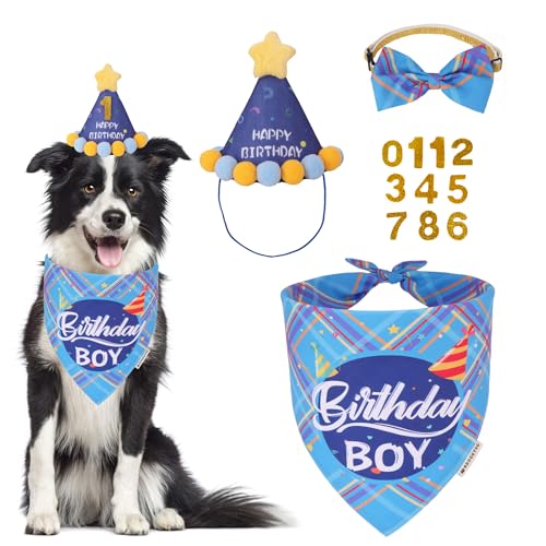ADOGGYGO Hunde-Geburtstagsparty-Zubehör, Geburtstags-Hundehalstuch, blauer Hunde-Geburtstagshut mit Zahlen, Haustier-Geburtstags-Halstuch-Hut-Set für mittelgroße und große Hunde, Haustiere (blau, ADOGGYGO Hunde-Geburtstagsparty-Zubehör, Geburtstags-Hundehalstuch, blauer Hunde-Geburtstagshut mit Zahlen, Haustier-Geburtstags-Halstuch-Hut-Set für mittelgroße und große Hunde, Haustiere (blau, von ADOGGYGO