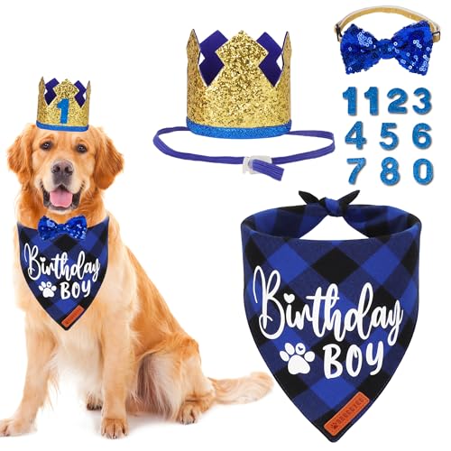ADOGGYGO Hunde-Geburtstagsparty-Zubehör, Geburtstags-Hundehalstuch, goldener Haustier-Geburtstagshut mit Zahlen, Geburtstags-Hunde-Outfit für große und extra große Hunde (Größe XL) von ADOGGYGO