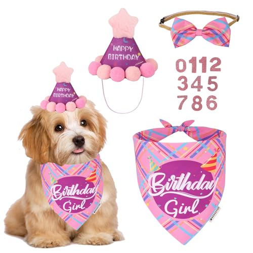 ADOGGYGO Hunde-Geburtstagsparty-Zubehör, Geburtstagsmädchen-Hundehalstücher, rosa Hunde-Geburtstagshut mit Zahlen, Haustier-Geburtstags-Bandana-Hut-Set für kleine Hunde, Haustiere (Rosa, klein) von ADOGGYGO