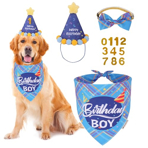 ADOGGYGO Hunde-Geburtstagsparty-Zubehör, blaues Geburtstags-Halstuch, Fliege, Zahlen, Partyhut für extra große Hunde (Größe XL) von ADOGGYGO
