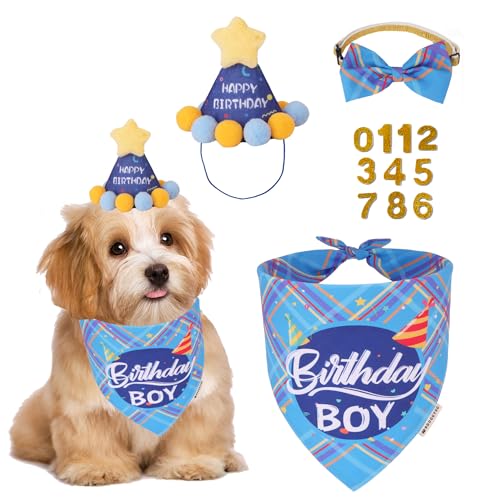 ADOGGYGO Hunde-Geburtstagsparty-Zubehör, blaues Geburtstags-Halstuch, Fliege, Zahlen, Partyhut für kleine Hunde (klein) von ADOGGYGO