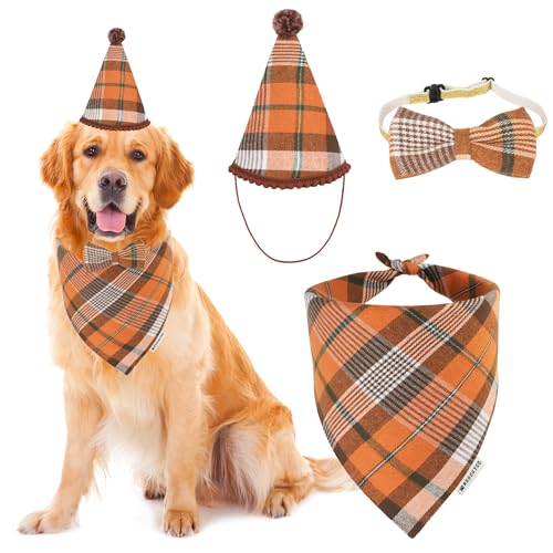 ADOGGYGO Hunde-Halstuch, Hut, Schleife, Set – stilvolles orangefarbenes Karomuster, Herbst-Thanksgiving-Halloween-Kostüm, Outfit für extra große Hunde (Größe XL) von ADOGGYGO