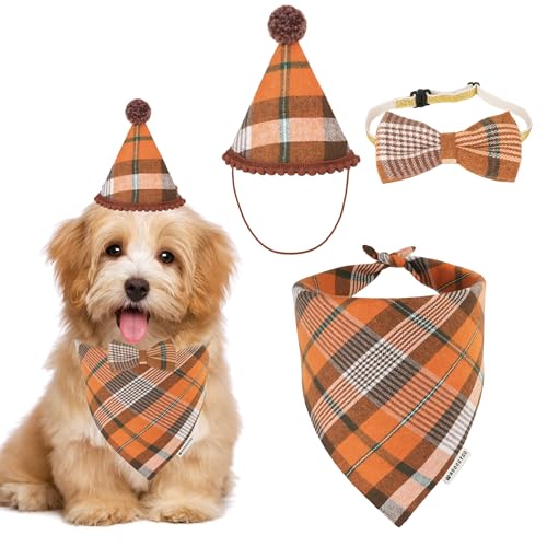ADOGGYGO Hunde-Halstuch, Hut, Schleife, Set – stilvolles orangefarbenes Karomuster, Herbst-Thanksgiving-Halloween-Kostüm, Outfit für kleine und große Hunde (Größe S) von ADOGGYGO
