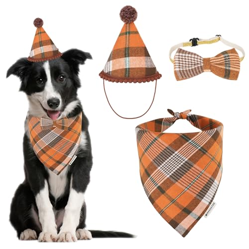 ADOGGYGO Hunde-Halstuch-Set mit Schleife, stilvolles orangefarbenes Karomuster, Herbst-Thanksgiving-Kostüm, Outfit für mittelgroße und große Hunde (groß) von ADOGGYGO