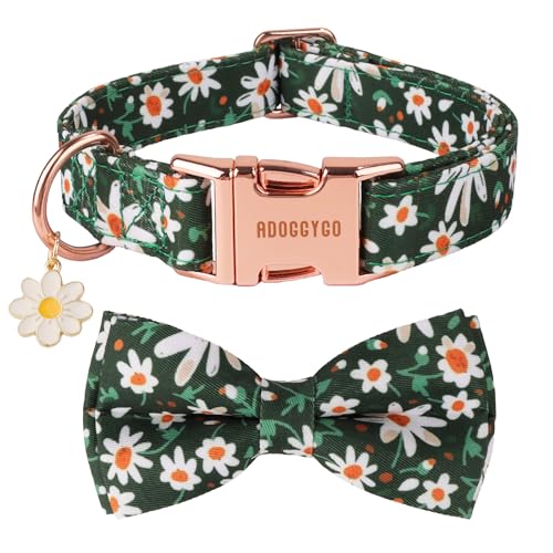 ADOGGYGO Hundehalsband mit Blume, abnehmbare weiße Blumen-Fliege, Metallschnalle, verstellbare grüne Blumenhalsbänder für mittelgroße Hunde, Jungen, Mädchen (mittel) von ADOGGYGO