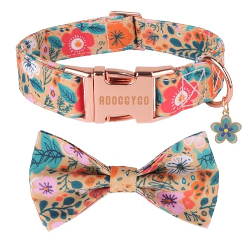 ADOGGYGO Hundehalsband mit Blumenmuster, abnehmbare süße Blumen-Fliege, Metallschnalle, verstellbare florale Halsbänder für kleine Hunde, Jungen, Mädchen (klein) von ADOGGYGO