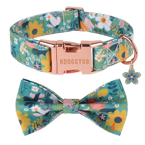 ADOGGYGO Hundehalsband mit Fliege, abnehmbare grüne Blumen-Fliege, Metallschnalle, verstellbare florale Halsbänder für extra große Hunde, Jungen, Mädchen (XL) von ADOGGYGO