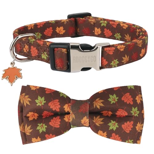 ADOGGYGO Hundehalsband mit Fliege, verstellbar, braunes Ahornblatt-Muster, Halloween, Erntedankfest, Herbstschleife für kleine, mittelgroße und große Hunde (groß) von ADOGGYGO