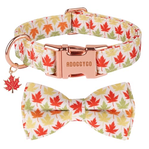 ADOGGYGO Hundehalsband mit Schleife, abnehmbare Herbst-Ahornblatt-Fliege, Metallschnalle, verstellbar, Halloween, Erntedankfest, Herbsthalsbänder für mittelgroße Hunde, Jungen, Mädchen (mittel) von ADOGGYGO