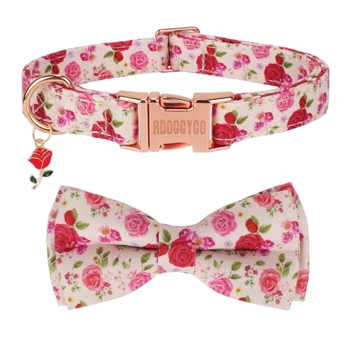 ADOGGYGO Hundehalsband mit Schleife, rot-rosa Blume, Hundehalsband mit Metallschnalle, verstellbare Haustier-Blumenhalsbänder für große und extra große Hunde (Größe XL) von ADOGGYGO