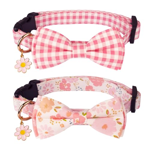 ADOGGYGO Hundehalsband mit Schleife, verstellbar, rosa kariert, mit abnehmbarer Fliege, für kleine, mittelgroße und große Mädchen (groß, rosa) von ADOGGYGO