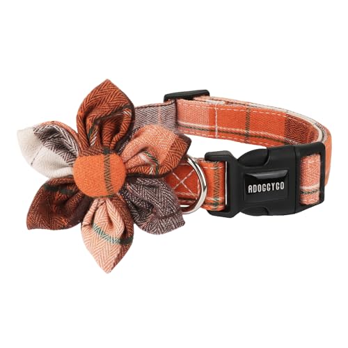 ADOGGYGO Hundehalsband mit abnehmbarem Blumenmuster, verstellbar, orangefarbenes Karomuster, Thanksgiving, Halloween, Herbsthalsbänder für mittelgroße Hunde (Größe M) von ADOGGYGO