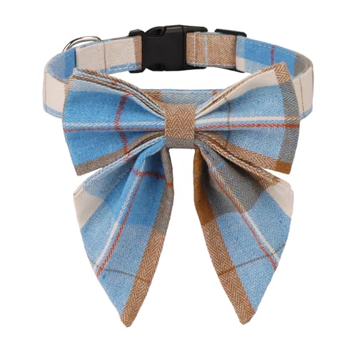 ADOGGYGO Kariertes Hundehalsband mit abnehmbarer Schleife, verstellbar, Braun / Blau, kariert, für kleine, mittelgroße und große Hunde, Haustiere (Größe S) von ADOGGYGO