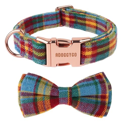ADOGGYGO Kariertes Hundehalsband mit abnehmbarer Schleife, weicher Baumwollstoff, Metallschnalle, stilvoll, bunt, kariert, Halsbänder für mittelgroße und große Hunde (groß) von ADOGGYGO