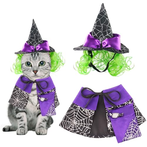ADOGGYGO Katze Halloween Kostüm Lila Katze Hexe Kostüm Halloween Katze Umhang Hexenhut Kostüme für Katzen Kätzchen (Witch-2) von ADOGGYGO