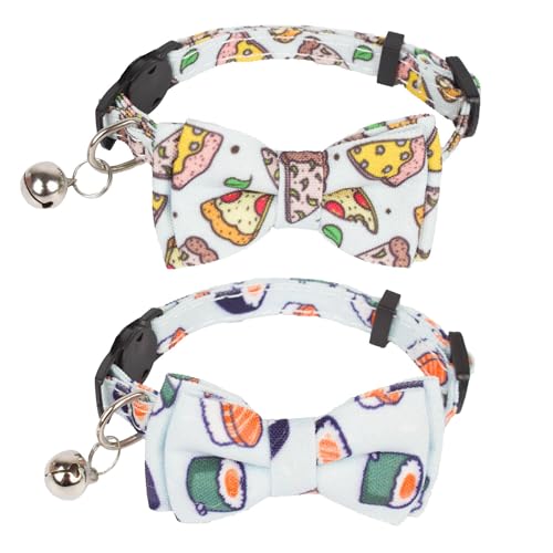 ADOGGYGO Katzenhalsband mit Fliege und Glocke, 2 Stück, Kätzchen-Halsband mit abnehmbarer Fliege, Sushi-Pizza-Fliege für Katzen, Kätzchen (16,5 cm - 21,6 cm) von ADOGGYGO