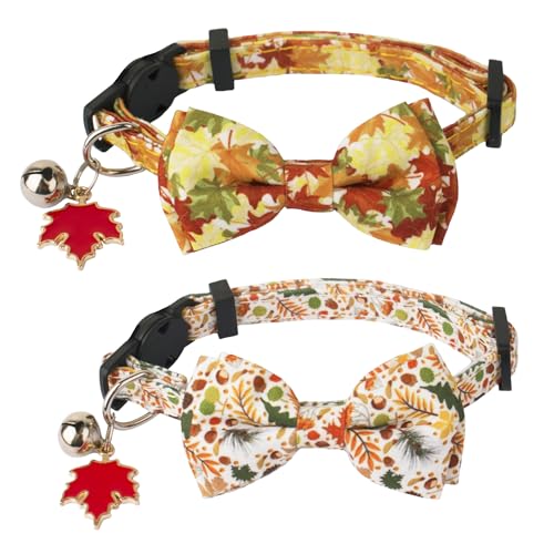 ADOGGYGO Katzenhalsband mit abnehmbarer Fliege, Glocke, 2 Stück, Herbstblätter, Erntedankfest, Halsband für Kätzchen (16,5 cm - 21,6 cm) von ADOGGYGO