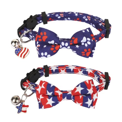 ADOGGYGO Katzenhalsband mit amerikanischer Flagge, mit Fliege, Glocke, 2 Stück, 4. Juli, Kätzchenhalsband mit abnehmbarer Fliege, rotblau, für Haustiere, amerikanische Flagge, Halsbänder für Katzen, ADOGGYGO Katzenhalsband mit amerikanischer Flagge, mit Fliege, Glocke, 2 Stück, 4. Juli, Kätzchenhalsband mit abnehmbarer Fliege, rotblau, für Haustiere, amerikanische Flagge, Halsbänder für Katzen, von ADOGGYGO