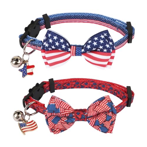 ADOGGYGO Katzenhalsband mit amerikanischer Flagge, mit Schleife, Glocke, Breakaway-Katzenhalsband, Rot-Blau, Sternenflaggen-Muster, Haustier-Halsbänder für Mädchen, Jungen, Katzen, Kätzchen ADOGGYGO Katzenhalsband mit amerikanischer Flagge, mit Schleife, Glocke, Breakaway-Katzenhalsband, Rot-Blau, Sternenflaggen-Muster, Haustier-Halsbänder für Mädchen, Jungen, Katzen, Kätzchen von ADOGGYGO