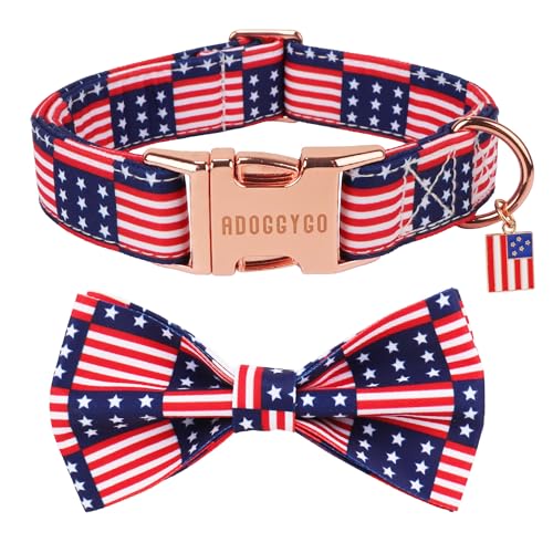 ADOGGYGO Patriotisches Hundehalsband mit Fliege, abnehmbare Flaggenfliege, Metallschnalle, verstellbares Halsband für 4. Juli, für große Hunde, Jungen, Mädchen (XL) von ADOGGYGO
