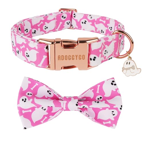 ADOGGYGO Pinkes Halloween-Hundehalsband mit Fliege, abnehmbare Geister-Haustier-Fliege, Metallschnalle, verstellbare rosa Halloween-Halsbänder für extra kleine Hunde, Mädchen (XS) von ADOGGYGO