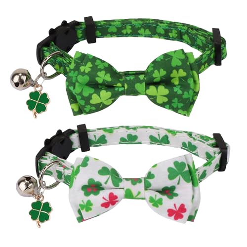 ADOGGYGO St. Patrick's Day Katzenhalsband mit Schleife, Glocke, grünes Kleeblatt-Muster, Kätzchenhalsband mit abnehmbarer Fliege, St. Patricks-Halsbänder für Katzen und Kätzchen (St. Patrick's Day) ADOGGYGO St. Patrick's Day Katzenhalsband mit Schleife, Glocke, grünes Kleeblatt-Muster, Kätzchenhalsband mit abnehmbarer Fliege, St. Patricks-Halsbänder für Katzen und Kätzchen (St. Patrick's Day) von ADOGGYGO