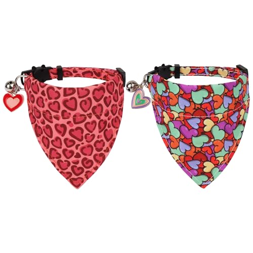 ADOGGYGO Valentine Katzenhalsbänder mit abnehmbarem Bandana-Glöckchen, 2 Stück, verstellbar, Valentinstags-Herzhalsband für Katzen und Kätzchen ADOGGYGO Valentine Katzenhalsbänder mit abnehmbarem Bandana-Glöckchen, 2 Stück, verstellbar, Valentinstags-Herzhalsband für Katzen und Kätzchen von ADOGGYGO