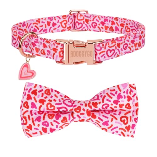 ADOGGYGO Valentinstags-Hundehalsband mit Schleife, Metallschnalle, verstellbar, rosa Herz-Fliege, Haustier-Valentinstags-Halsbänder für X-Small Hunde (XS) von ADOGGYGO