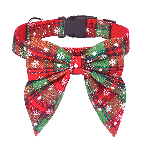 ADOGGYGO Weihnachten Hundehalsband mit Schleife, Verstellbare Baumwolle Rote Fliege Hund Weihnachten Halsbänder für Kleine Mittlere Große Hunde Haustiere (Medium, Rot & Grün) von ADOGGYGO