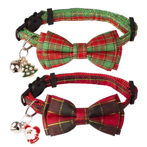 ADOGGYGO Weihnachten Katzenhalsbänder mit Schleife, Glocke, Breakaway Katze Fliege Halsband rot grün kariert Weihnachten Halsbänder für Mädchen Jungen Katzen Kätzchen (Weihnachten) von ADOGGYGO