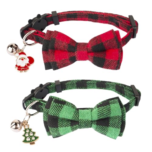 ADOGGYGO Weihnachtliches Katzenhalsband, Breakaway mit niedlicher Schleifenglocke – 2 Stück, Kätzchenhalsband, rot-grün, kariert, Katzen-Weihnachtshalsband für Katzen, Kätzchen von ADOGGYGO
