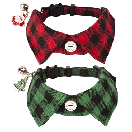 ADOGGYGO Weihnachtliches Katzenhalsband, mit Fliege, Glöckchen, 2 Stück, rot / grün, kariert, Weihnachts-Kätzchen-Halsband mit abnehmbarem Hemdkragen, kariert, Haustier-Weihnachtshalsbänder für von ADOGGYGO