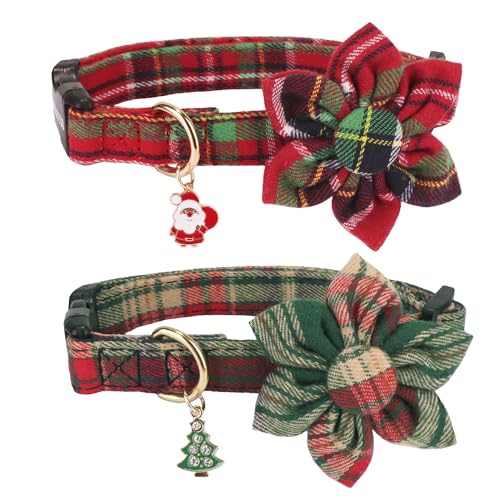 ADOGGYGO Weihnachts-Hundehalsband mit Blumen, verstellbares Weihnachts-Hundehalsband mit Blumenmuster, Rot / Grün kariert, für kleine, mittelgroße und große Hunde (groß, Weihnachten) von ADOGGYGO