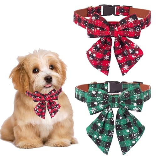 ADOGGYGO Weihnachts-Hundehalsband mit Fliege, klassisches Karomuster, Rot / Grün, mit abnehmbarer Fliege, Weihnachtshalsbänder für extra kleine Hunde, Haustiere (XS), 2 Stück von ADOGGYGO