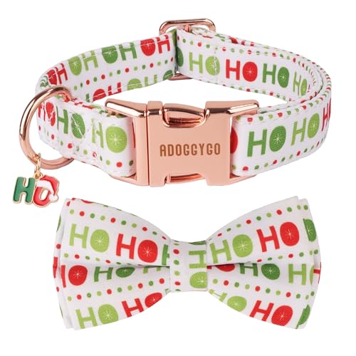 ADOGGYGO Weihnachts-Hundehalsband mit Schleife, abnehmbare Weihnachtsfliege, Metallschnalle, verstellbares Hoho-Muster, Weihnachts-Halsbänder für extra kleine Hunde, Jungen, Mädchen (XS) von ADOGGYGO