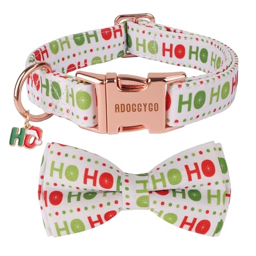 ADOGGYGO Weihnachts-Hundehalsband mit Schleife, abnehmbare Weihnachtsfliege, Metallschnalle, verstellbares Hoho-Muster, Weihnachtshalsbänder für mittelgroße Hunde, Jungen, Mädchen (mittel) von ADOGGYGO