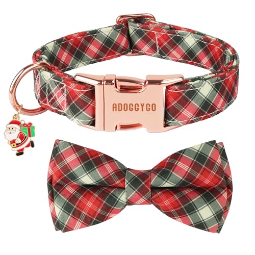 ADOGGYGO Weihnachts-Hundehalsband mit Schleife, abnehmbare karierte Fliege, Metallschnalle, verstellbar, rot kariert, Weihnachtshalsbänder für mittelgroße Hunde, Jungen, Mädchen (mittel) von ADOGGYGO