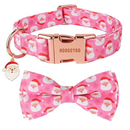 ADOGGYGO Weihnachts-Hundehalsband mit Schleife, abnehmbare rosa Weihnachtsmann-Fliege, Metallschnalle, verstellbar, rosa, Weihnachtshalsbänder für mittelgroße und große Hunde, Mädchen (groß) von ADOGGYGO